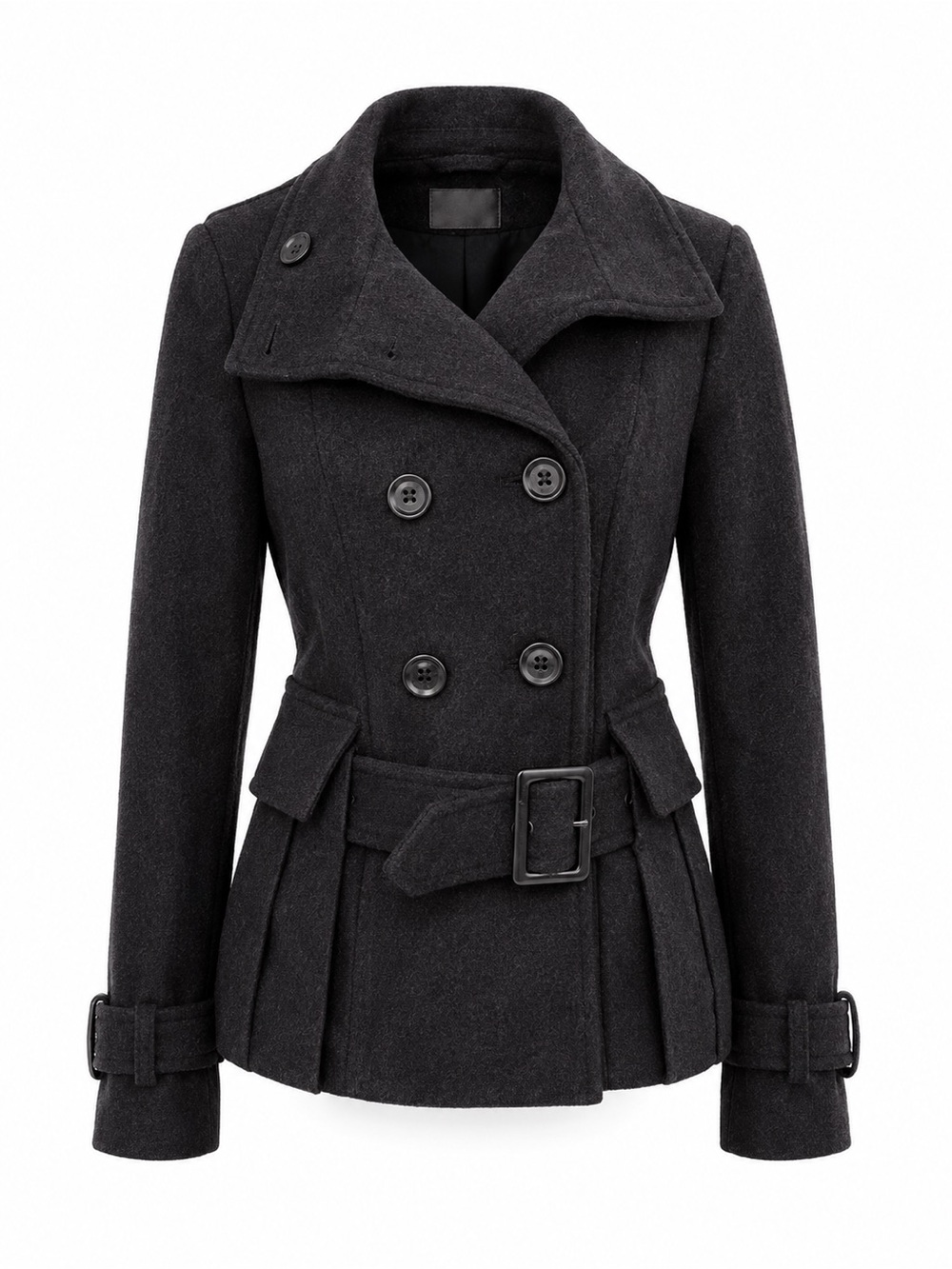 Womens Black Double-Breasted Wool Peacoat with Belt #y2k